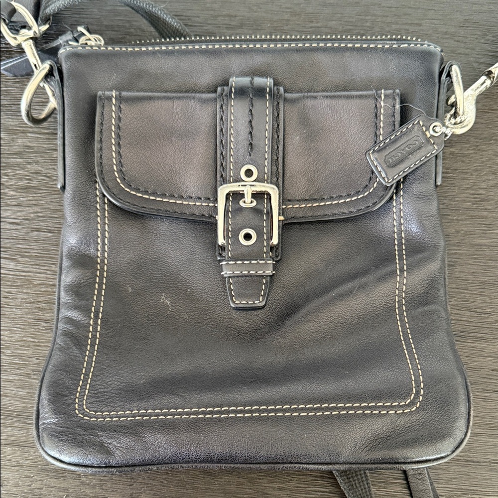 Coach Black Leather Messenger Crossbody with Contrast Stitching
